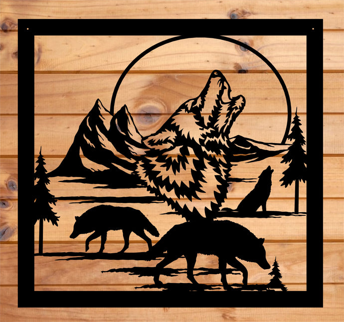 Wolf Howling Moon Scene Wall Hanging